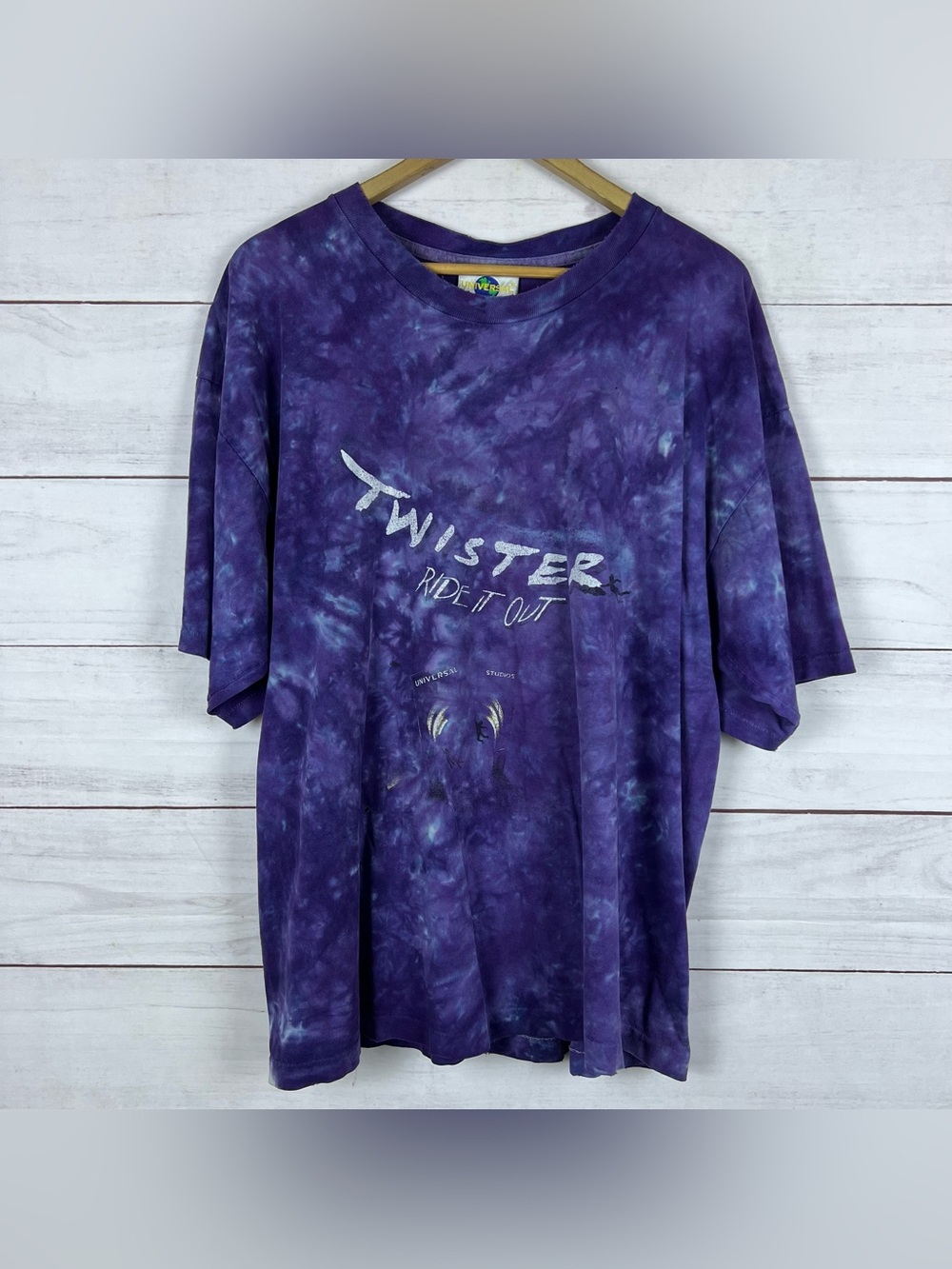 Vtg Universal Studios Twister Ride It Out Tie Dye Purple Shirt 2XL Distressed